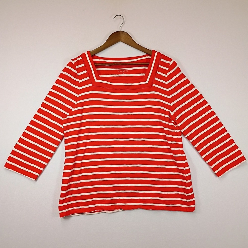 Nautical Preppy Talbots Womens XL Red White Striped Square Neck 3/4 Sleeve Top